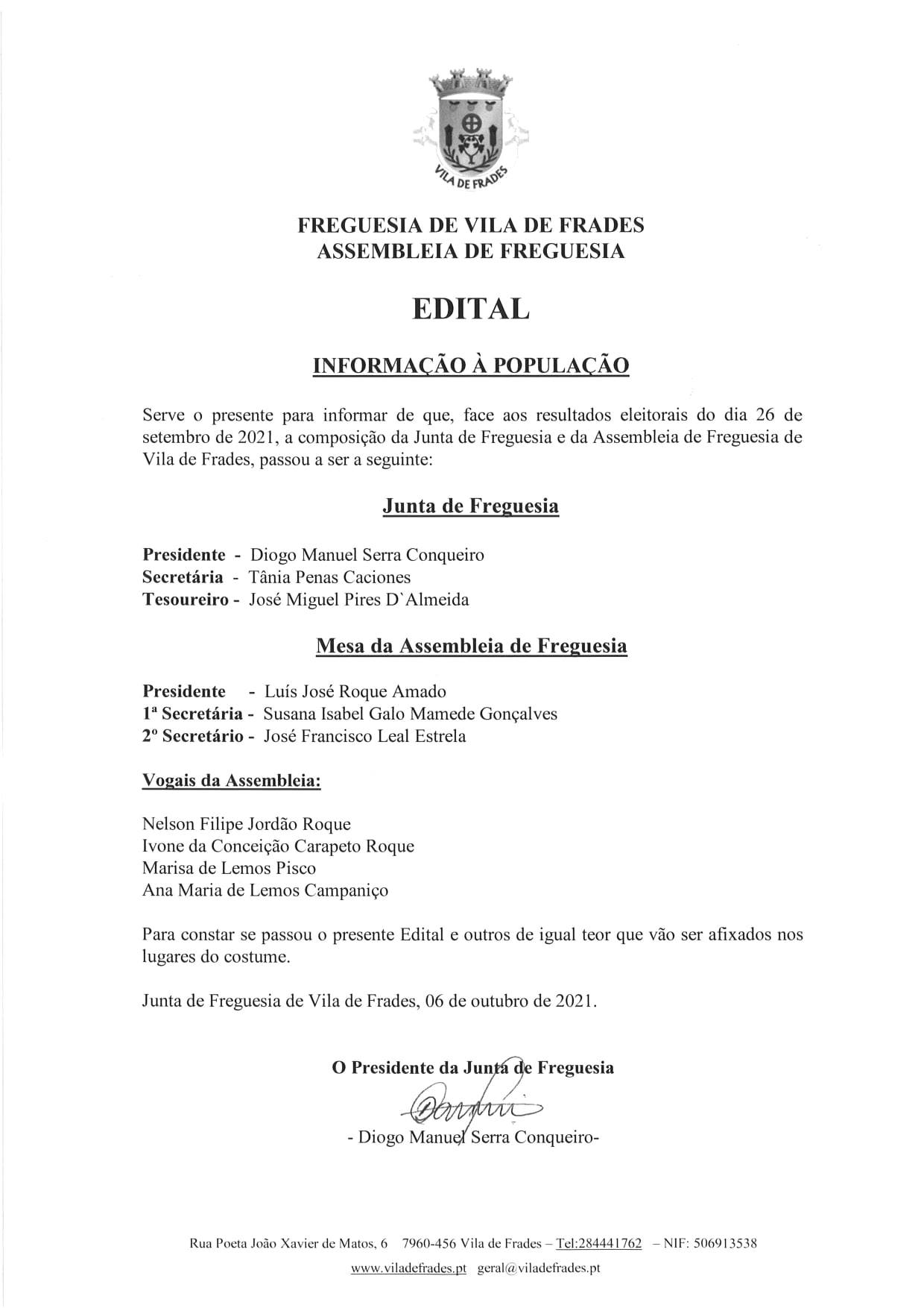 Edital - Composição da Junta de Freguesia de Vila de Frades