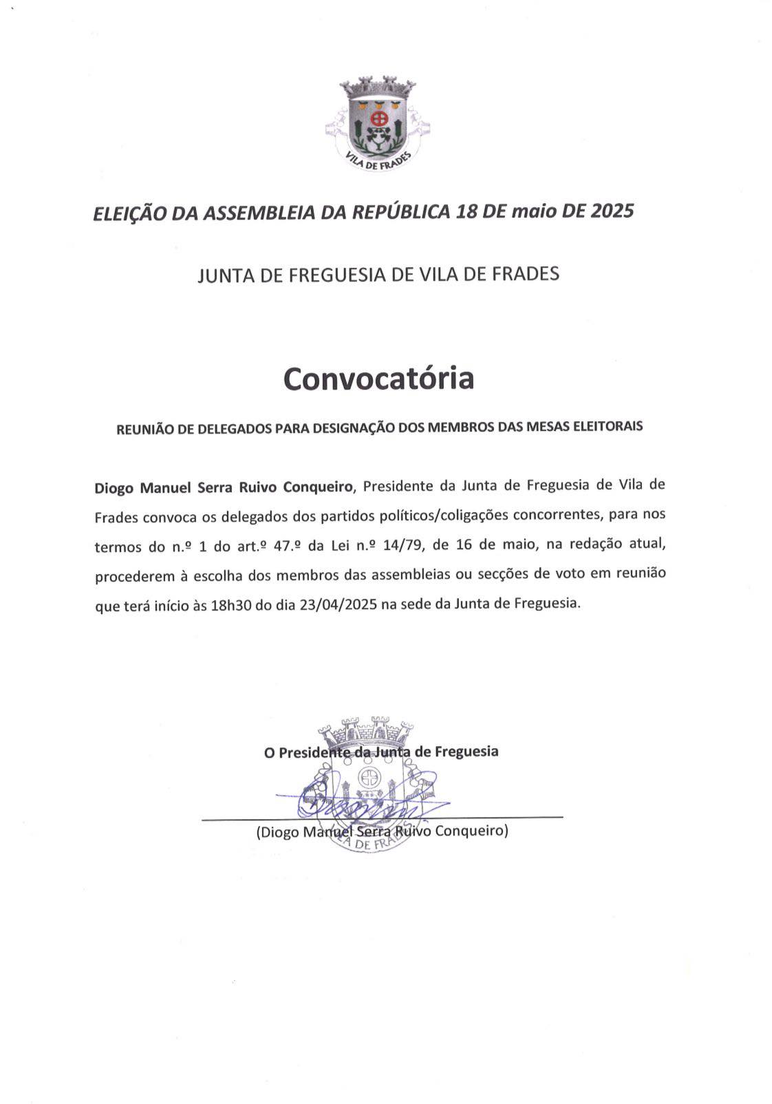 Convocatória: Reunião de Delegados para Designação dos Membros das Mesas Eleitorais